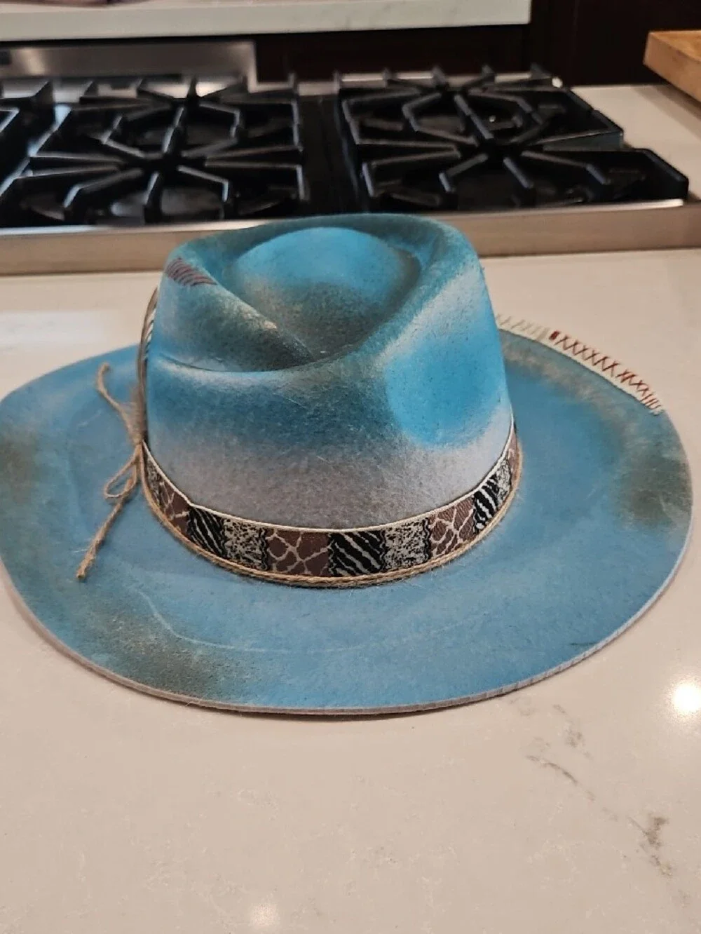 Turquoise Felt Western/ Fedora Hat with Patterned Band and Feather